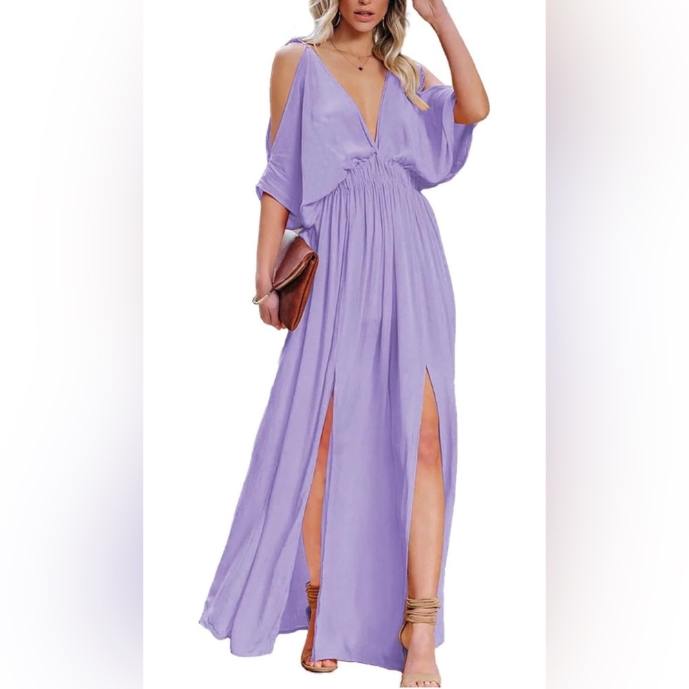 DEEP SELF VNeck Cold Shoulder Short Sleeve High Waist Split Guest Long Dress